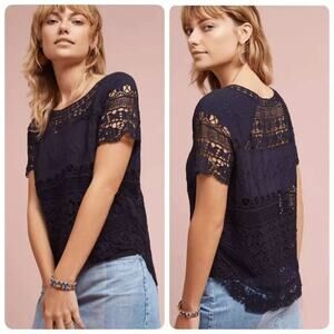 Anthropologie Deletta Marilyn Navy Blue Cotton Crochet Blouse